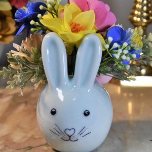 Cute light blue porcelain bunny w/ hand painted and airbrushed Sola Wood flowers